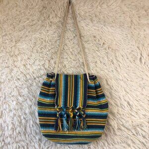 Womens Hobo Handbag Purse Multicolor Blue Striped Dual Handle Flap Over Beach
